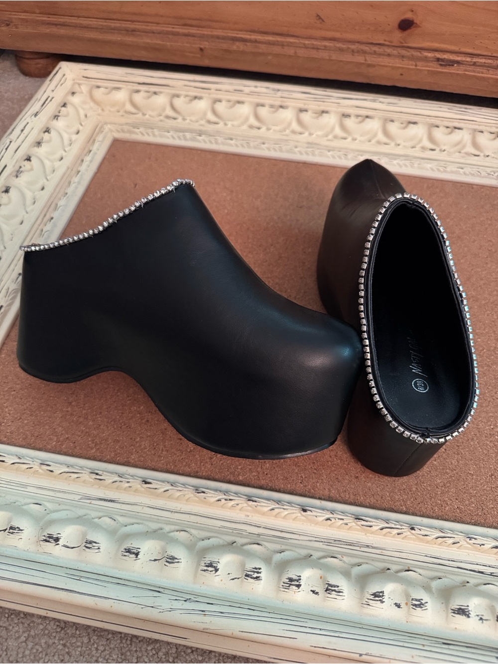 Black Rhinestone-Trim Platform Clogs